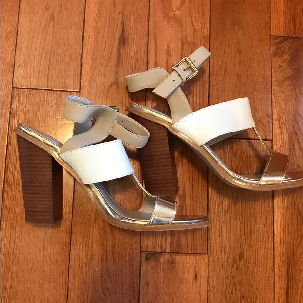 White, gold and tan heeled sandals sz 10